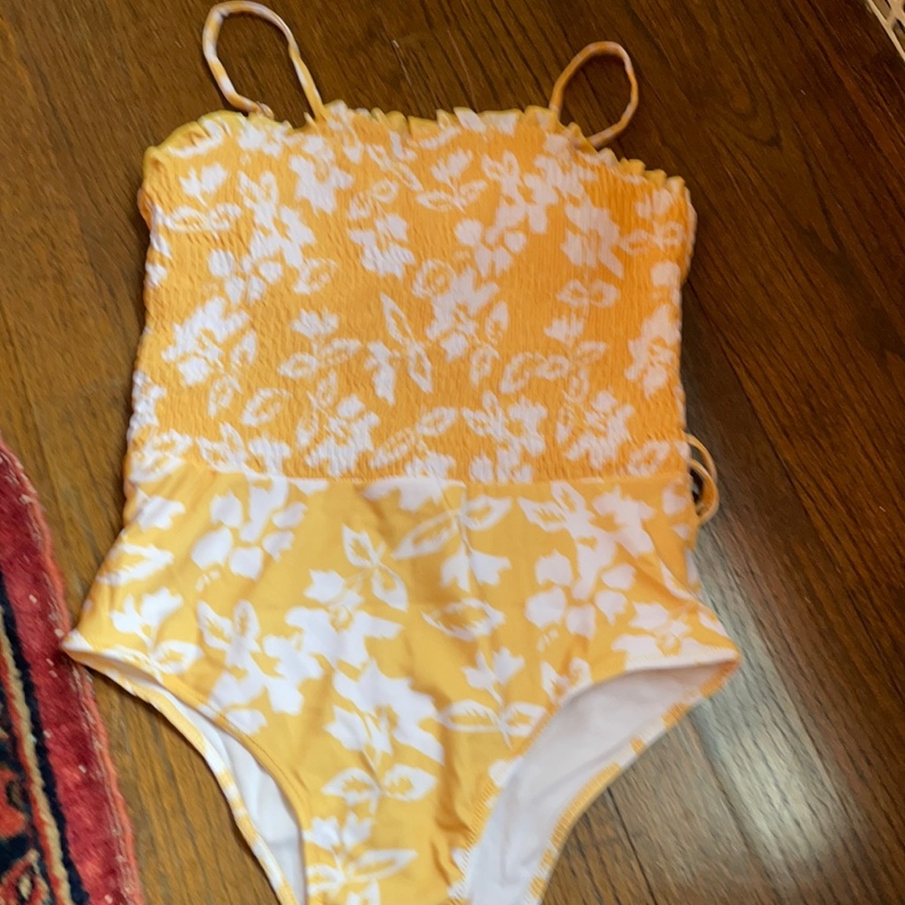 Yellow white floral smocked grill trim swimsuit